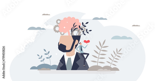 Self esteem concept with psychological yourself awareness and tiny person acceptance, transparent background. Mental health care and inner feelings or emotions understanding illustration.