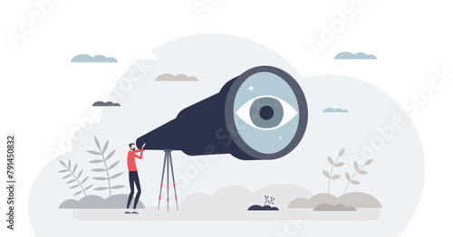 Visionary leader searching for future business solutions tiny person concept, transparent background.Strong leadership with high ambitions and new sights exploration illustration. © VectorMine