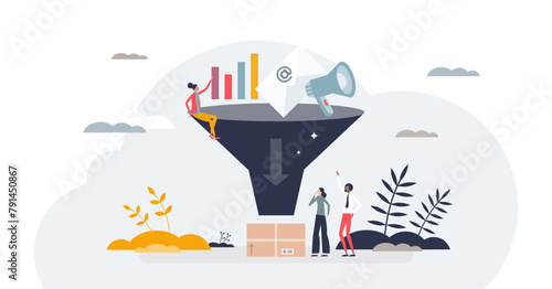 Marketing automation for advertising campaign management tiny person concept, transparent background. Effective, smart, productive content creation using technology.