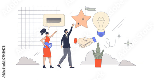 Mentorship and career coach for success neubrutalism tiny person concept, transparent background.Mentor or teacher as motivational support and encouragement help illustration.