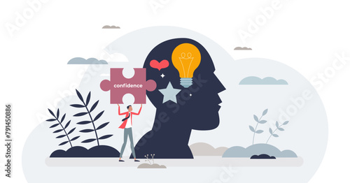 Self confidence and yourself mental or body acceptance tiny person concept, transparent background. Individuality characteristics with healthy attitude and mindset illustration.