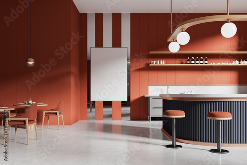 A modern cafe interior with a blank poster on the wall, stylish furniture, and red color scheme, concept of advertising space. 3D Rendering