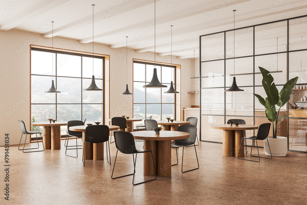 Stylish restaurant interior with eating, cooking zone and panoramic window Stylish restaurant interior with eating, cooking zone and panoramic window