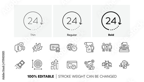 Bike, Typewriter and 24 hours line icons. Pack of Circle area, Teamwork, Partnership icon. Time management, Manual doc, Consumption growth pictogram. Project deadline, Video conference, Info. Vector