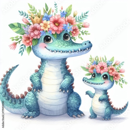 Crocodile Mom and Baby  Watercolor Mother s Day Clip Art  Greeting Art Cute Cartoon Character Illustration Design Isolated on White Background