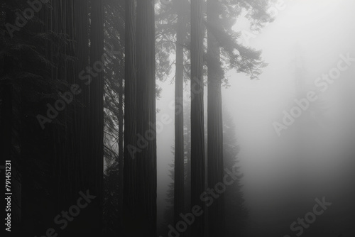 The towering majesty of redwood trees shrouded in thick fog, their trunks disappearing into the mist.  photo