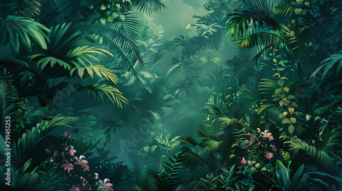 Dreamy fantasy deep jungle lush vegetation digital Illustration
