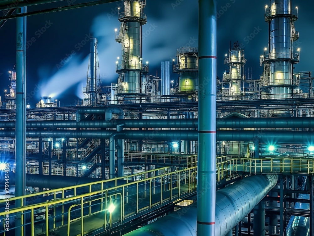 Illuminated chemical plant at night featuring complex piping and distillation towers under a dark blue sky.