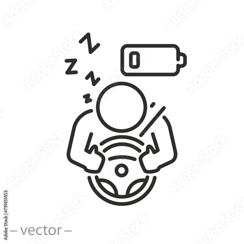 drowsy fatigued driver icon, sleeping man the while driving, tired or drowsy person on road, thin line symbol on white background - vector illustration