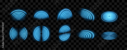 3D Wi-Fi light effect. Wireless wifi networking with a wave effect collection. Glowing blue signal wi fi, sensor, radar, RFID and round circle waves wireless technology concept. Vector.