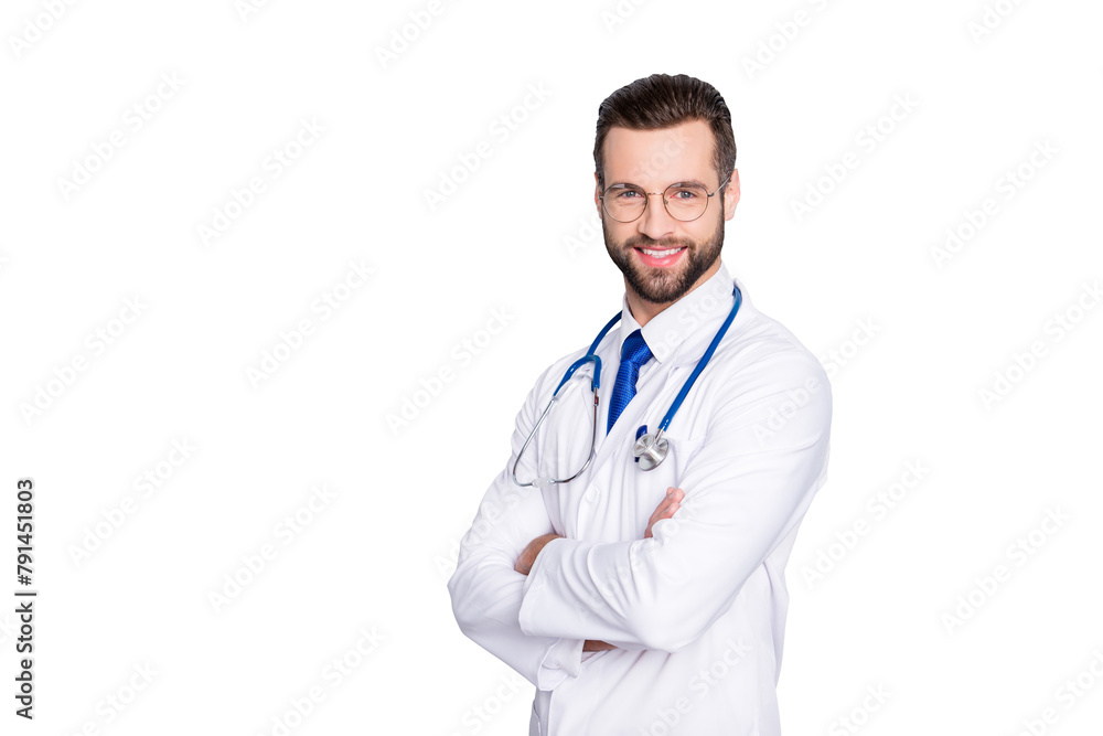 Portrait with copy space of cheerful joyful doc with bristle in white lab coat and stethoscope on his neck, having his arms crossed, looking at camera, isolated on grey background