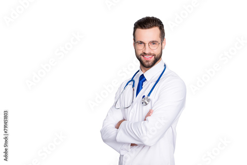 Portrait with copy space of cheerful joyful doc with bristle in white lab coat and stethoscope on his neck, having his arms crossed, looking at camera, isolated on grey background