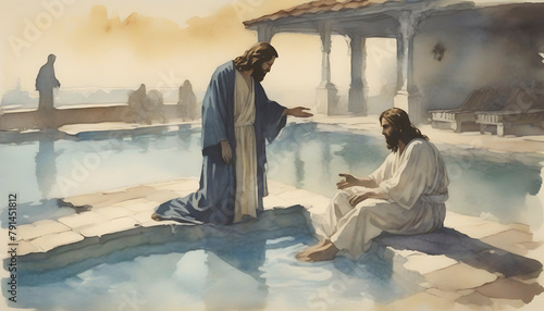 Watercolor painting of Jesus Christ healing the Man at the Pool. photo