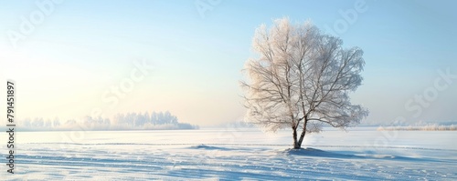 Serene winter landscape with a solitary frost-covered tree on a crisp, clear morning