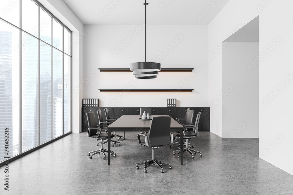 Stylish meeting room interior conference table and chairs, panoramic window Stylish meeting room interior conference table and chairs, panoramic window