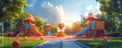 Sunny day at the children's playground with colorful slides and balloons photo