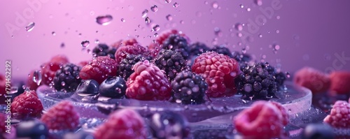 Fresh berries under water splashes on a soft purple background, perfect for vibrant, healthy eating themes