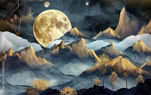 3D mural wallpaper dark blue background golden tree mountains moon landscape clouds colorful home wall decoration. Generative AI