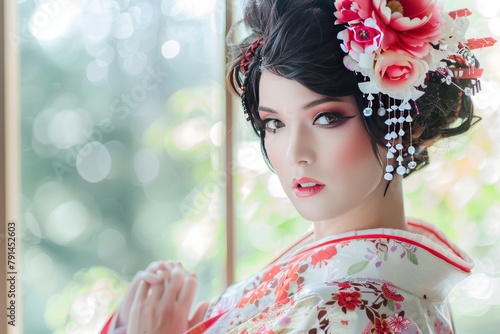 portrait of an Asian female model in a traditional Japanese Kimono, fashion model , feminine 