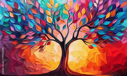 Elegant colorful tree with vibrant leaves hanging branches. Bright color 3d abstraction wallpaper for interior mural painting wall  Generative AI