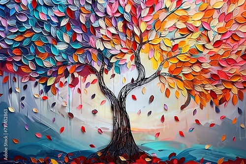 Colorful tree with leaves on hanging branches illustration background. 3d abstraction interior mural wall art decor, Generative AI