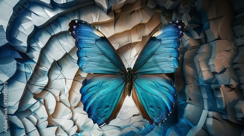 Contemporary mural wallpaper featuring a 3D abstract design and a prominent blue butterfly motif. Generative AI