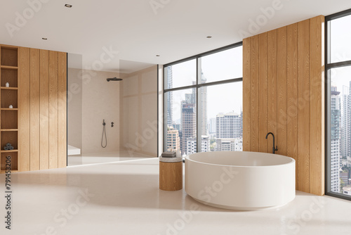 Luxury hotel bathroom interior with tub and shower  panoramic window