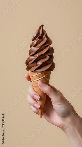 Chocolate ice cream soft serve with woman hand holding