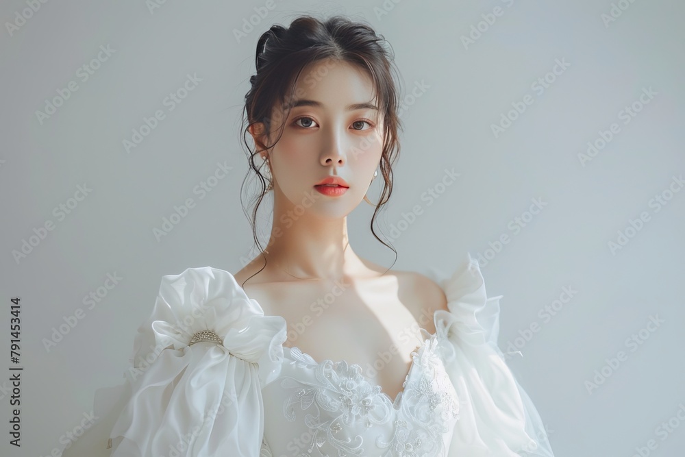 portrait of an Asian female model in a wedding dress, fashion model , feminine portrait of an Asian female model in a wedding dress, fashion model , feminine