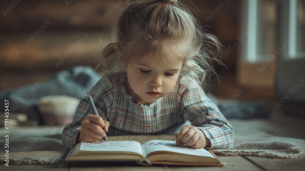 Little child reading a book, front view of a girl studying Little child reading a book, front view of a girl studying