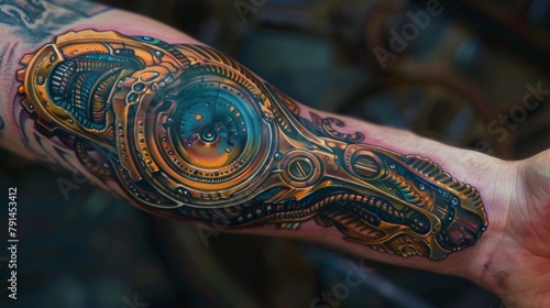 Show off your mood with this vibrant biomechanical tattoo that shifts in color depending on your emotions. . photo