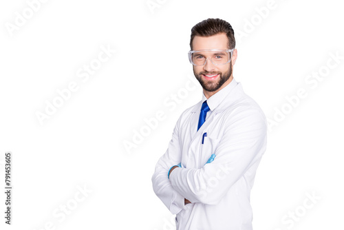 Portrait with copy space, empty place of joyful half-turned scientist with stubble in white outfit with tie having his arms crossed looking at camera isolated on grey background