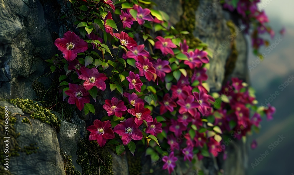 many plants are blooming, many enchanting big red clematis, Generative AI 