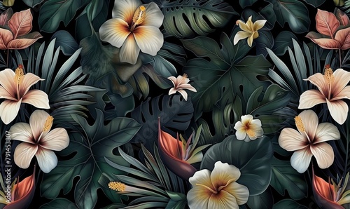 Tropical seamless pattern with exotic leaves, strelitzia flowers, hibiscus and plumeria. Vintage texture, floral background. Dark watercolor 3d illustration. Luxury wallpapers, tapestry, Generative AI photo