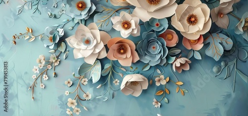 3d mural wallpaper with simple floral painting light blue background, Generative AI