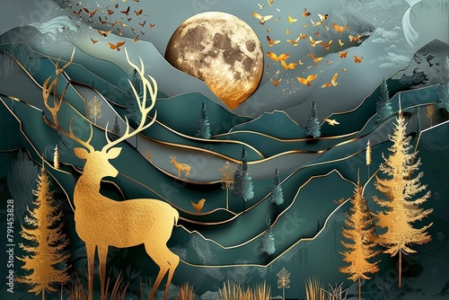 Wallpaper Mural 3d abstraction modern and creative interior mural wall art wallpaper with dark green and golden forest trees, deer animal wildlife with birds, golden moon and waves, Generative AI Torontodigital.ca