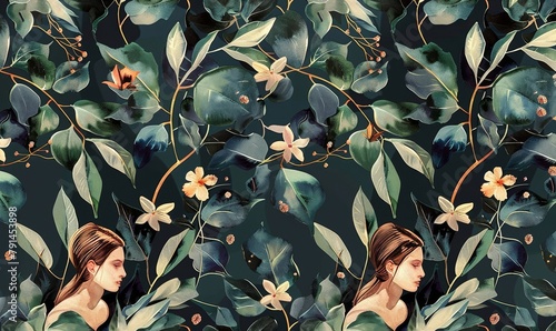 seamless pattern with young women delicate flower ivy foliage fireflies luxury wallpaper tropical mural glamorous art dark watercolor 3d illustration modern fashionable portrait cloth, Generative AI