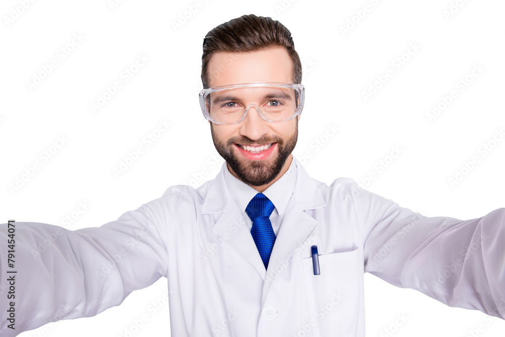 Self-portrait of cheerful positive man with stubble in white outfit with tie shooting selfie with two arms, isolated on grey background, having fun, leisure, rest, relax, video-call Self-portrait of cheerful positive man with stubble in white outfit with tie shooting selfie with two arms, isolated on grey background, having fun, leisure, rest, relax, video-call