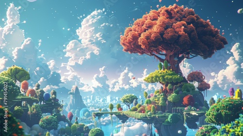 A beautiful floating island with a large tree in the center. The island is covered in lush greenery and there are clouds and mountains in the background.