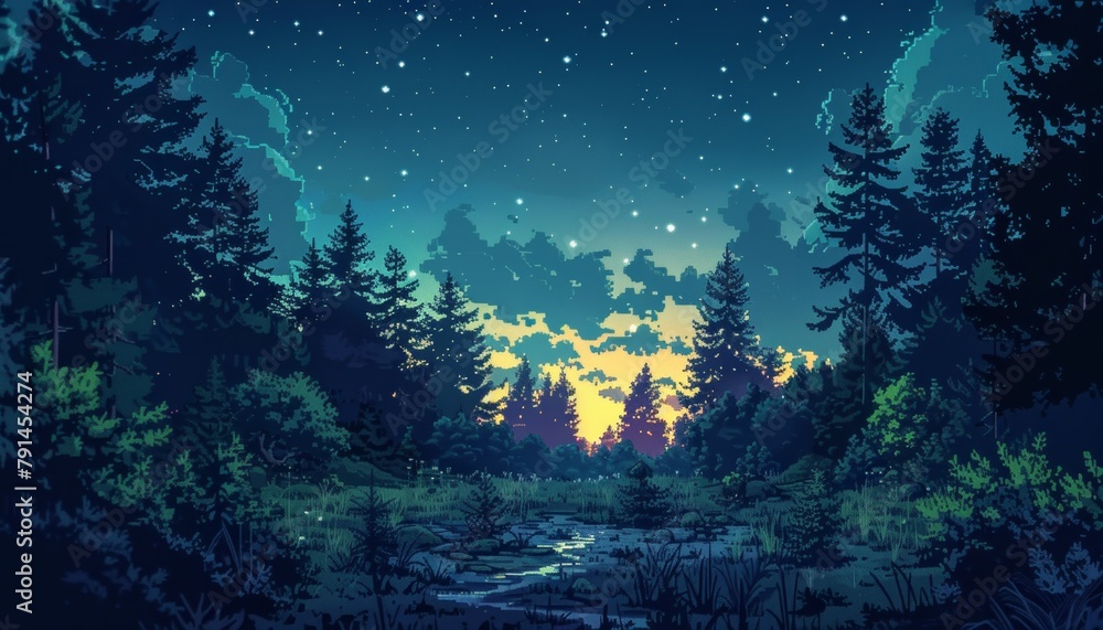 Fototapeta premium A beautiful pixel art landscape of a forest at night. The sky is full of stars and the moon is shining brightly. A river runs through the forest and there are trees and bushes on the banks.