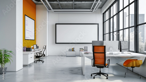 Clean, minimalist office space with pops of color and a pristine white frame, inviting creativity.