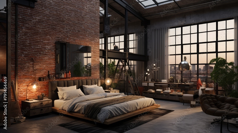 Cozy apartment dark bedroom in loft style  ,Modern loft office interior with furniture,Interior of a loft living room with a wooden floor
