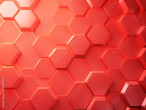 Coral background with hexagon pattern, 3D rendering illustration. Abstract coral wallpaper design for banner, poster or cover with copy space for photo text or product, blank empty copyspace.