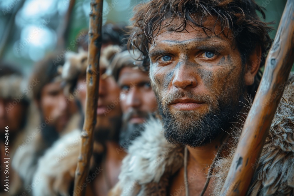 A realistic depiction of a prehistoric man with intense eyes, holding a spear, ready to hunt A realistic depiction of a prehistoric man with intense eyes, holding a spear, ready to hunt