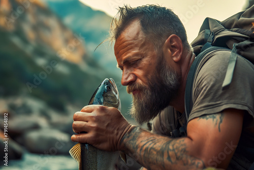 AI generated illustration of a man examining a fish up close photo