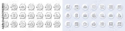 Sports stadium, Lighthouse and Open door line icons. White pin 3d buttons, chat bubbles icons. Pack of Skyscraper buildings, Lounge place, Arena stadium icon. Vector