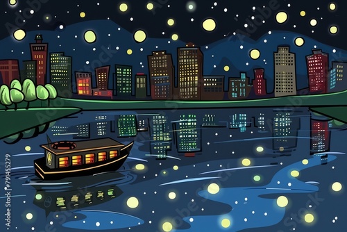 Cartoon cute doodles of a nighttime boat ride along a city river, with the lights of buildings reflecting on the water and stars twinkling overhead, Generative AI photo