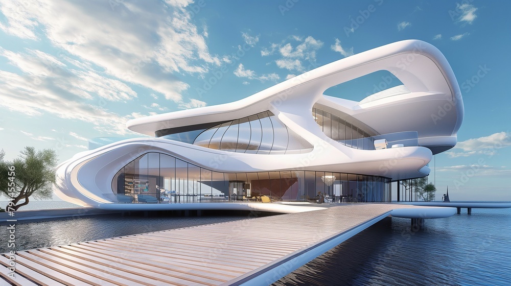 A Frontal View Of A Contemporary Coastal Villa With Boardwalks. A Frontal View Of A Contemporary Coastal Villa With Boardwalks.