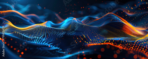 Abstract dark background with orange and blue waves of digital data flowing in the style of light black and navy blue, futuristic network technology concept