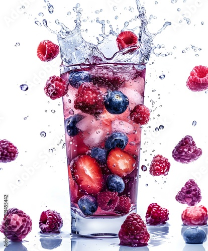 Photography a dynamic and visually captivating Mixed Berry piece featuring a splash of your favorite drink on white background.